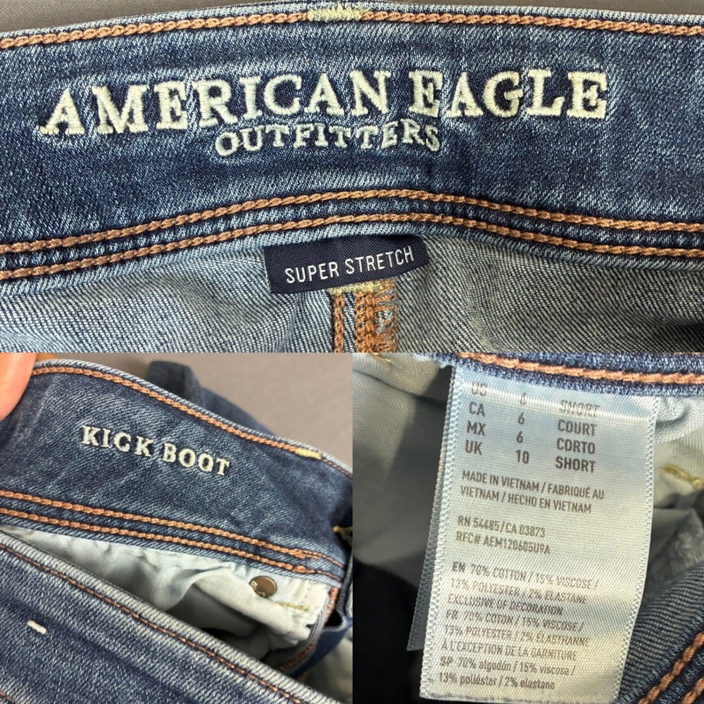 American Eagle Kick Boot Cut Super Stretch Dark Wash Jeans Womens Size 6 (28x29) - Picture 5 of 6